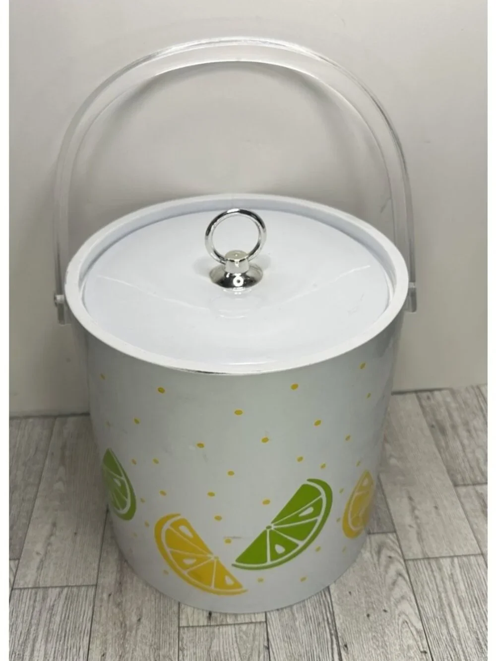 Vintage Vinyl Lemons & Limes Ice Bucket White Green & Yellow Acrylic Handle